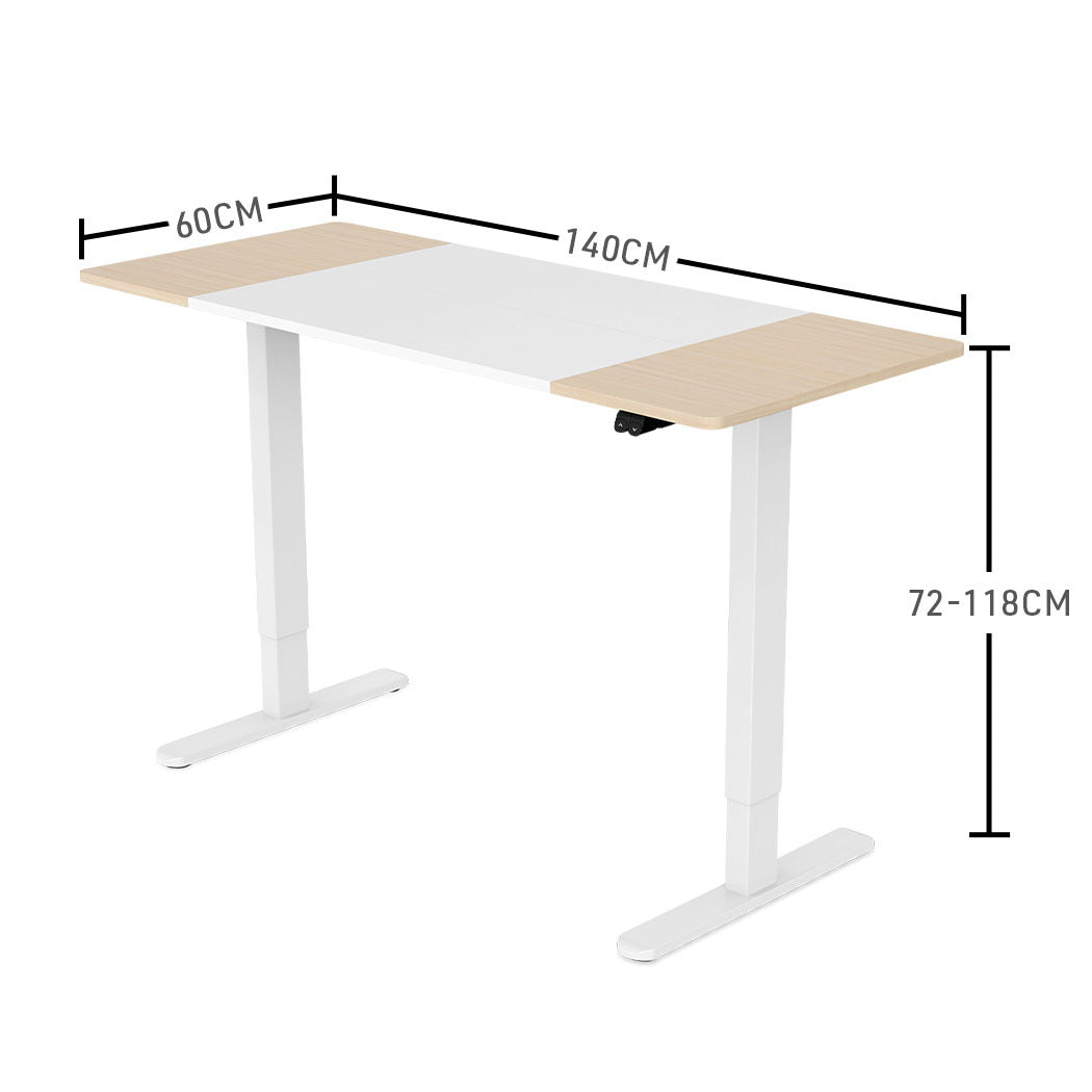 Fortia Sit To Stand Up Standing Desk, 140x60cm, 72-118cm Electric Height Adjustable, 70kg Load, Light Oak Style/White Frame