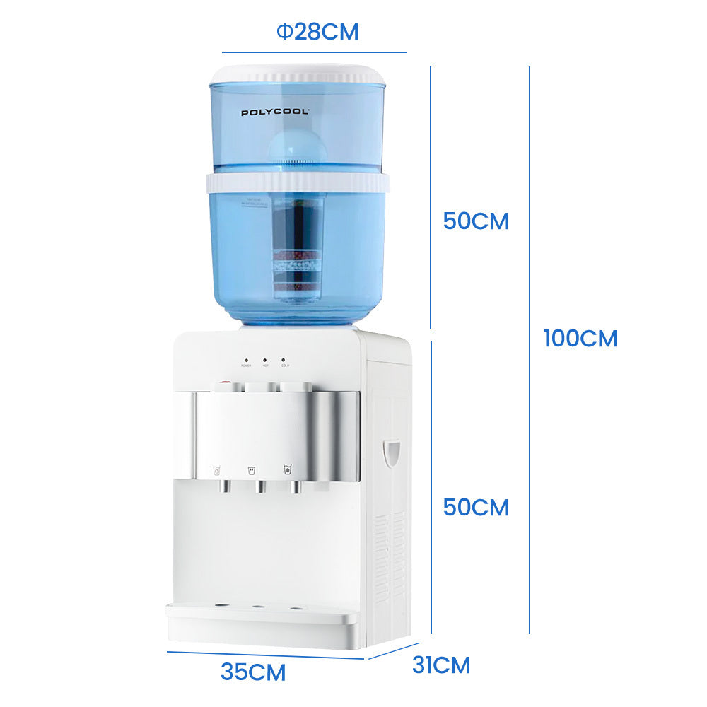 Polycool 22L Benchtop Water Cooler Dispenser, Instant Hot & Cold, with 7 Stage Filter Purifier System, White