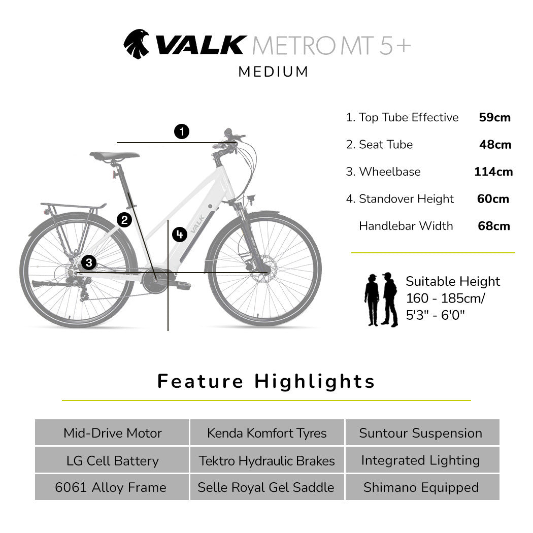 2023 VALK Metro MT 5 + Electric Hybrid Bike, Mid-Drive, Mixte Frame, Medium, White