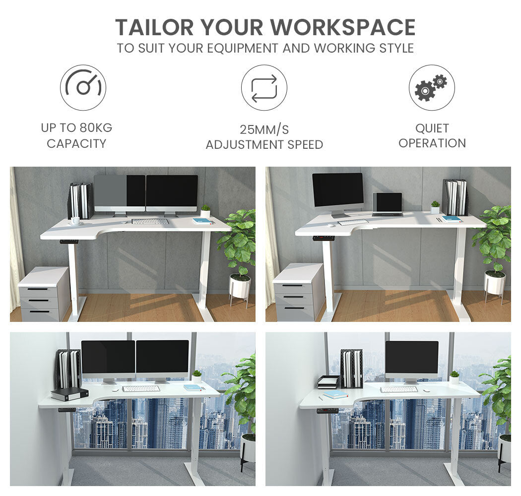 Fortia L Shaped Sit To Stand Up Corner Standing Desk, 72-120cm, Dual Motor, Adjustable Height Electric, 80kg Load, Left-Hand Sided, White