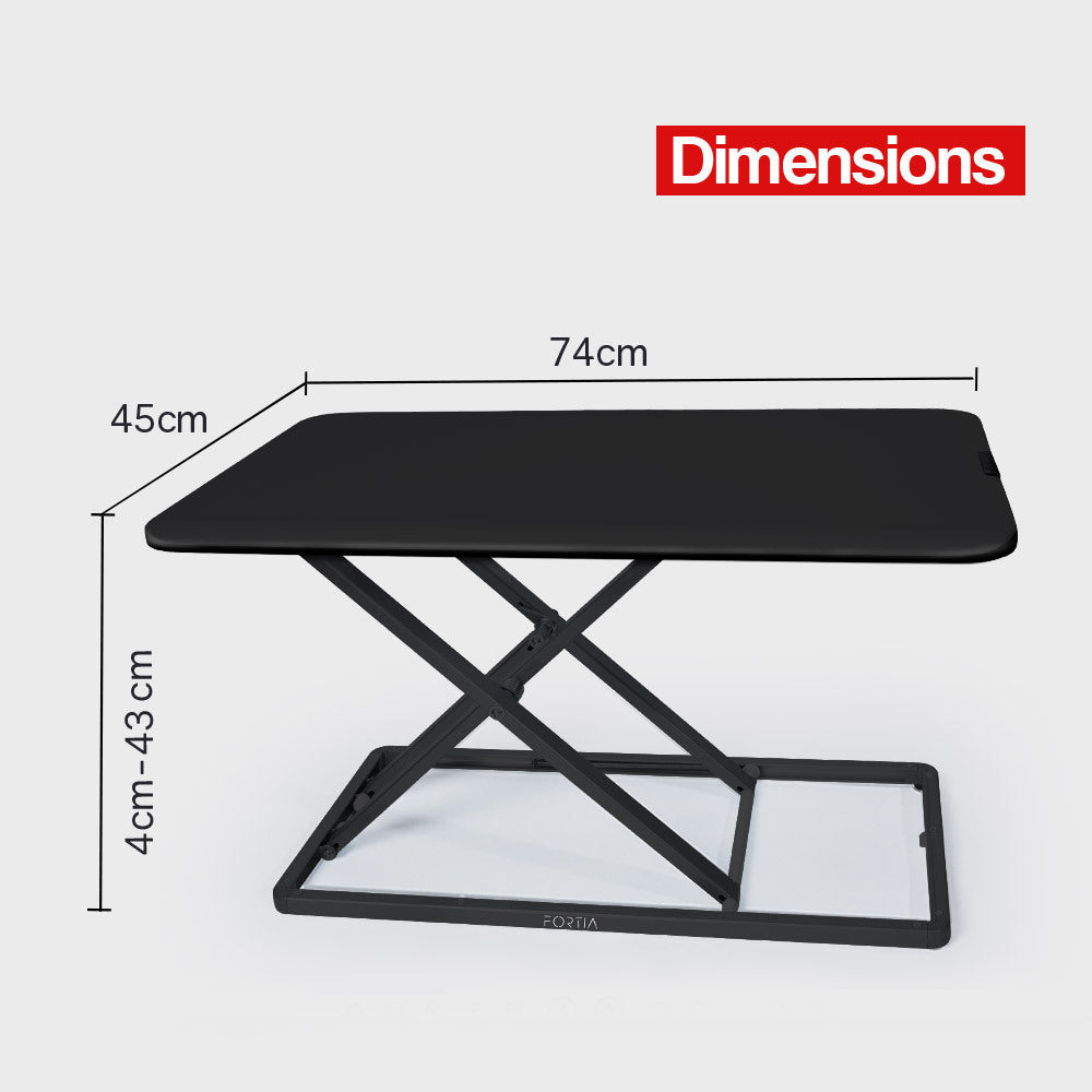 Fortia Desk Riser 74cm Wide Adjustable Sit to Stand for Dual Monitor, Keyboard, Laptop, Black