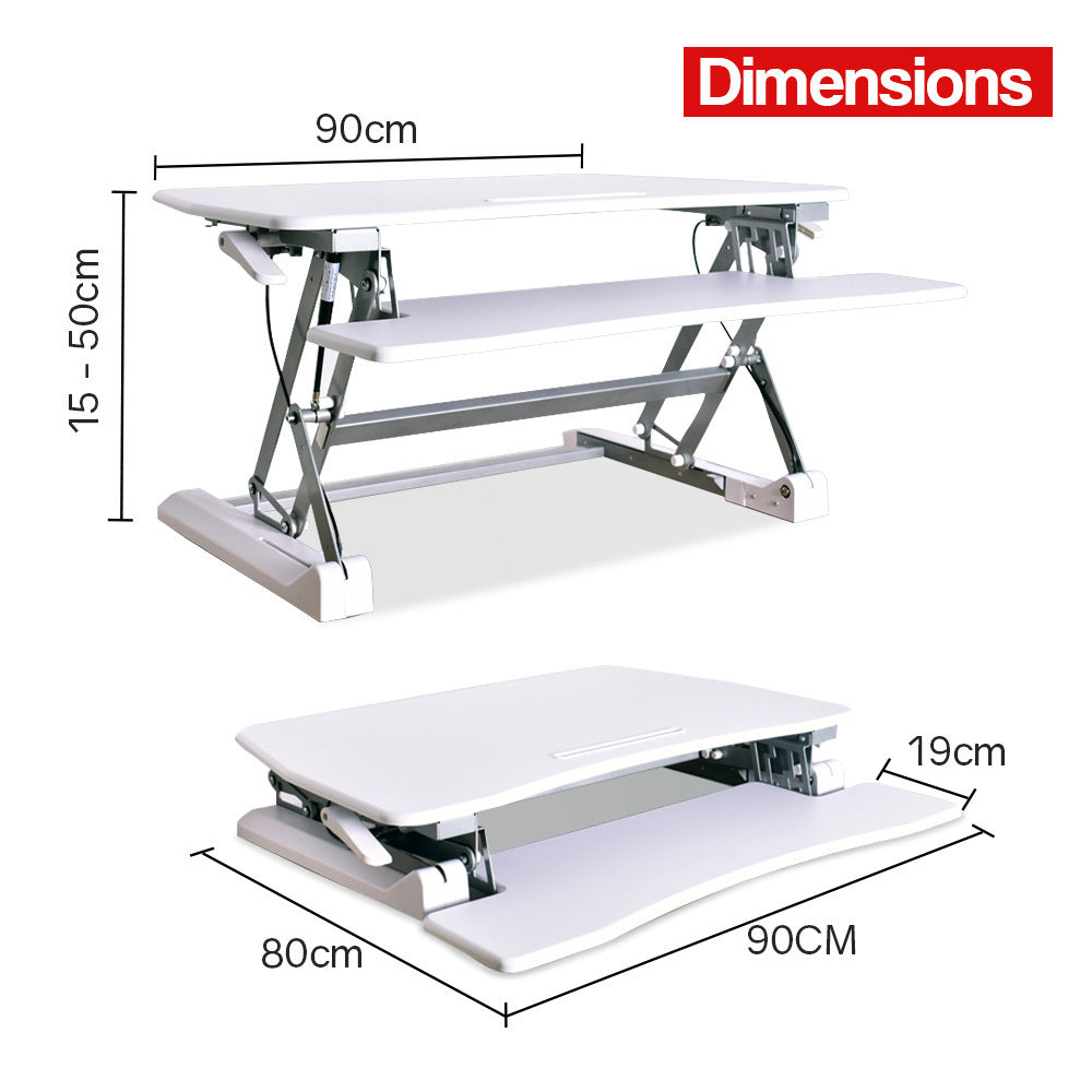 Fortia Desk Riser 90cm Wide Adjustable Sit to Stand for Dual Monitor, Keyboard, Laptop, White