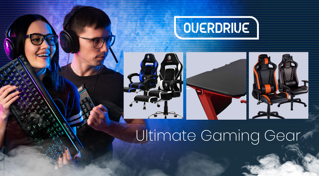 OVERDRIVE Gaming Chair with Footrest and Desk Setup Combo, Black & Grey