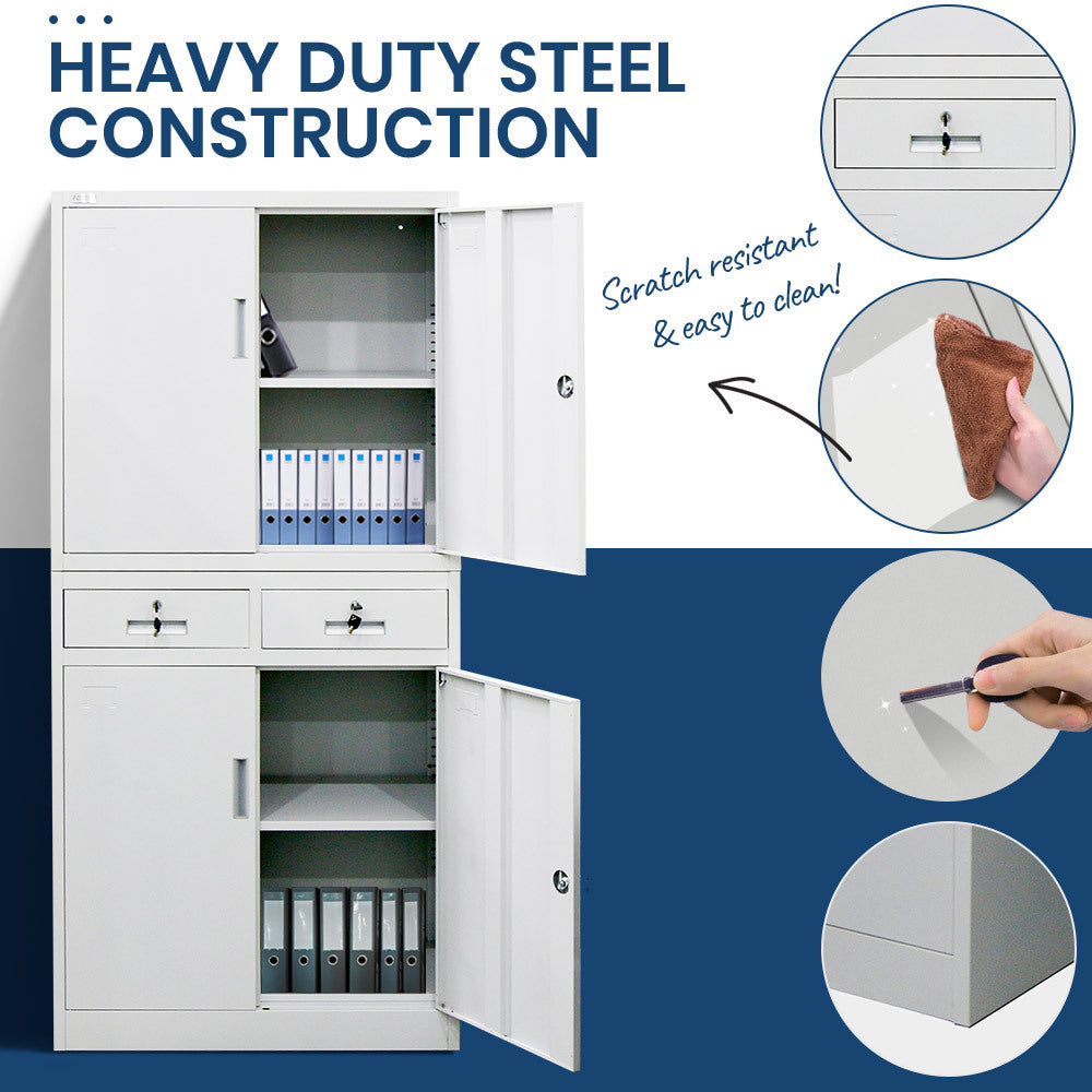 FORTIA Stationery Cabinet Office Home Storage Metal Lockable 4 Door Cupboard Drawers