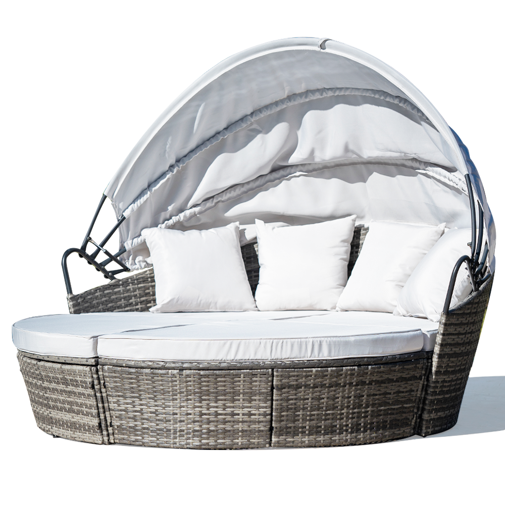 LONDON RATTAN 3PC Outdoor Daybed Patio Rattan Sofa Sun Lounge Furniture Grey Wicker Off White Canopy