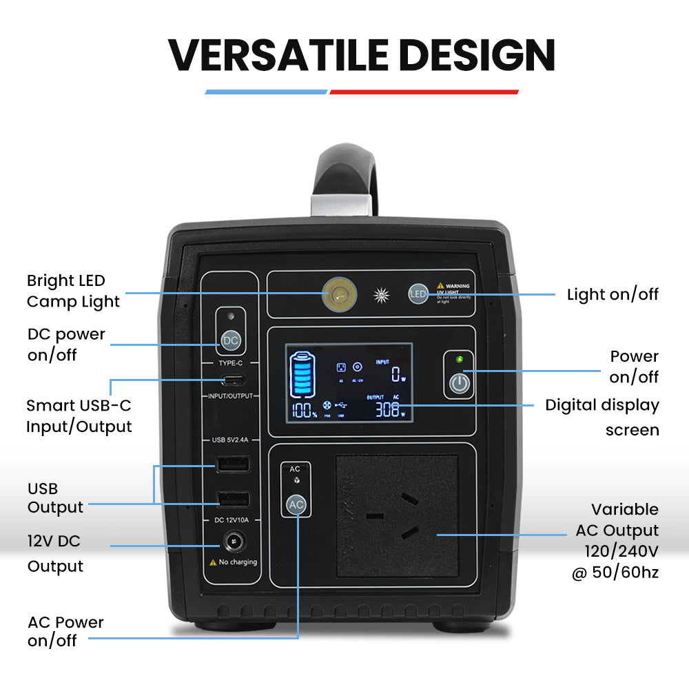 GENPOWER Portable Power Station 300W/600W 307Wh Lithium Solar Generator Camping Off Grid Supply System