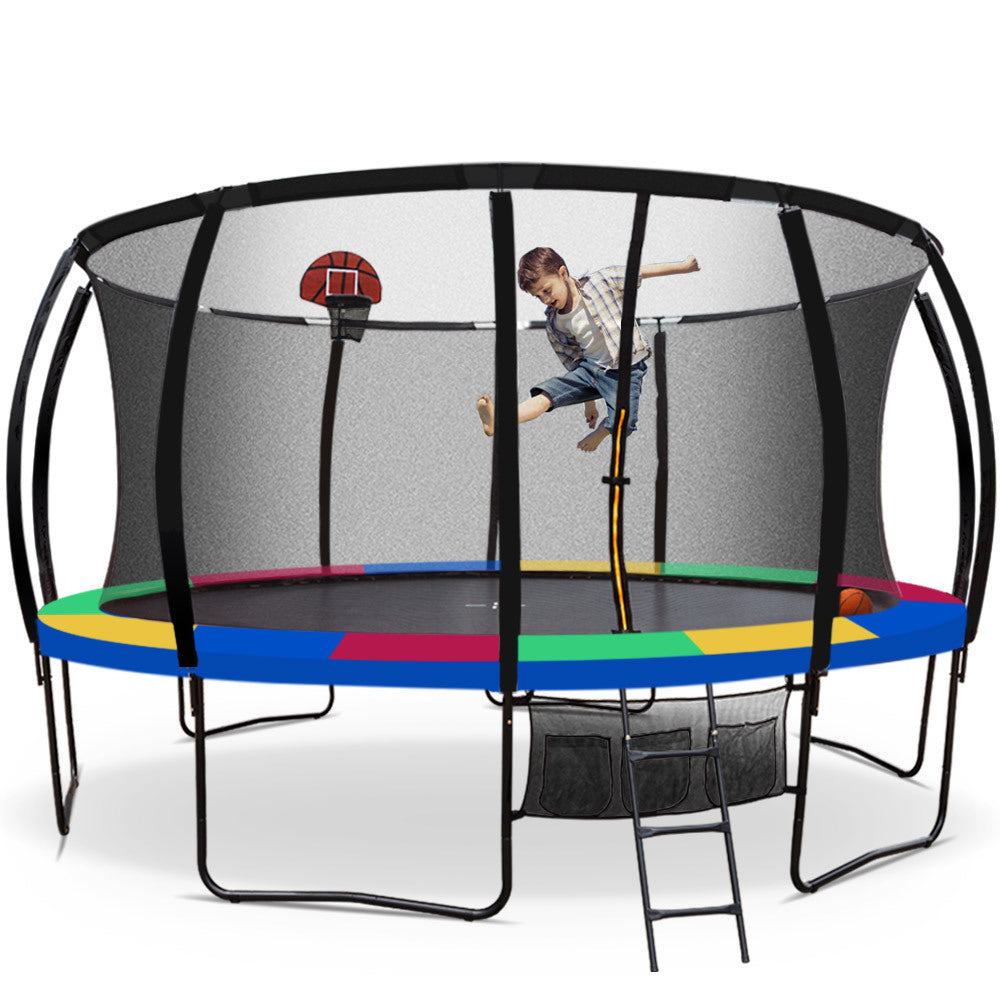 UP-SHOT Trampoline 16ft Outdoor Round Curved Pole with Basketball Set for Kids, Black Multi-colour