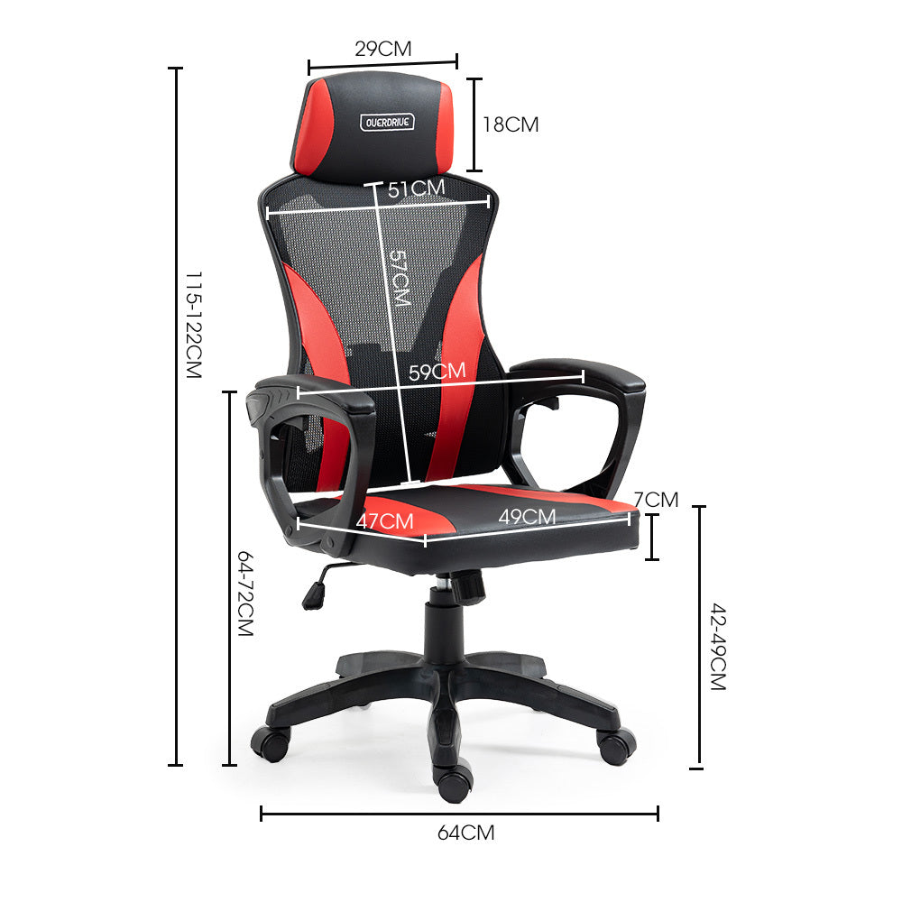 OVERDRIVE Ergonomic Gaming Desk Chair, Height Adjustable Lumbar Support, Mesh Fabric, Faux Leather, Headrest, Black/Red