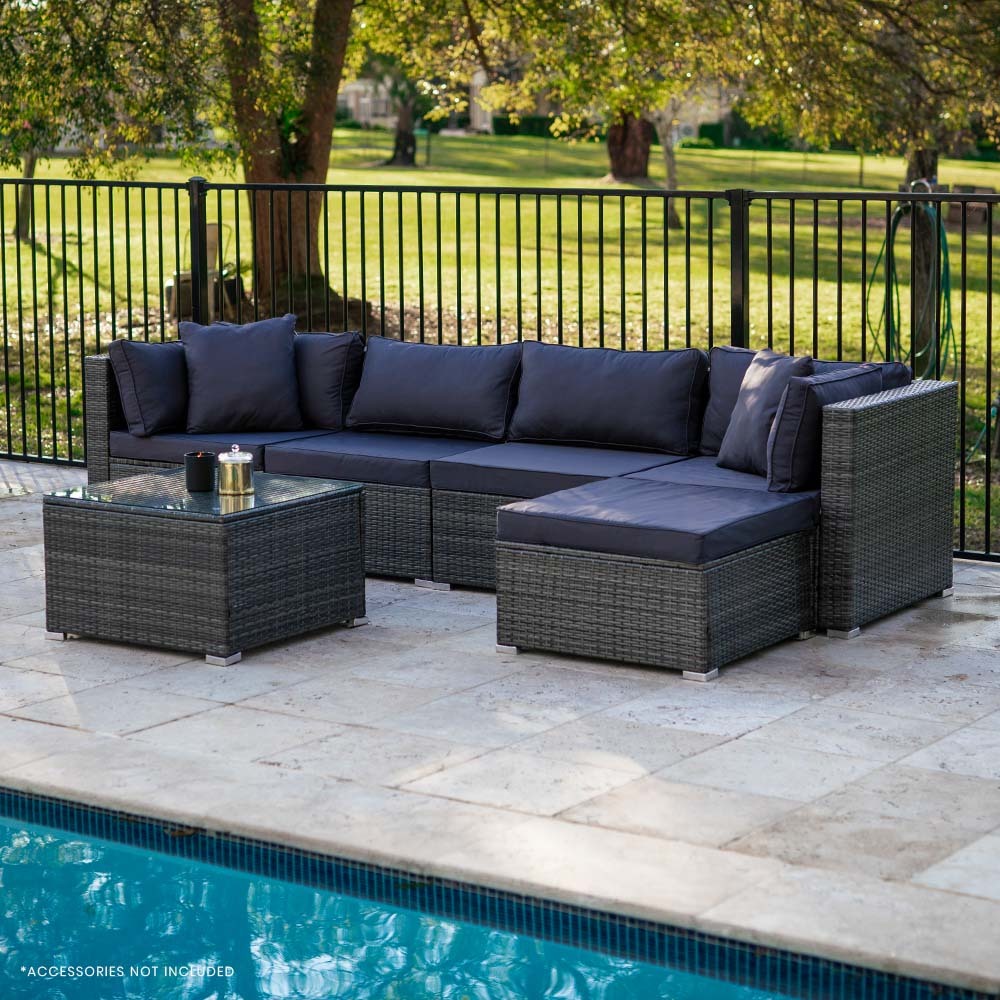 LONDON RATTAN 5 Seater Modular Outdoor Lounge Setting with Coffee Table, Ottoman, Grey