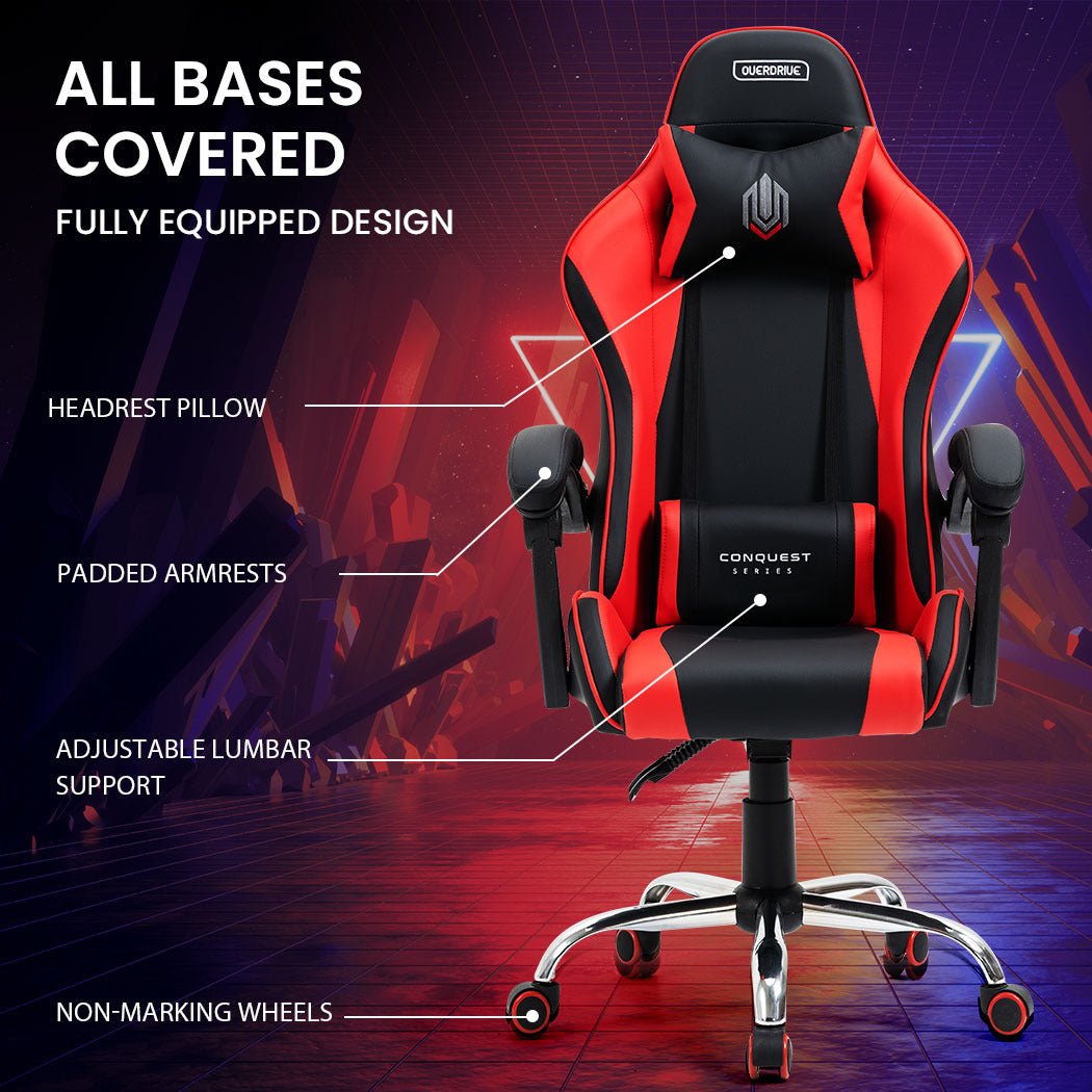 OVERDRIVE Conquest Series Reclining Gaming Ergonomic Office Chair with Lumbar and Neck Pillows, Black and Red