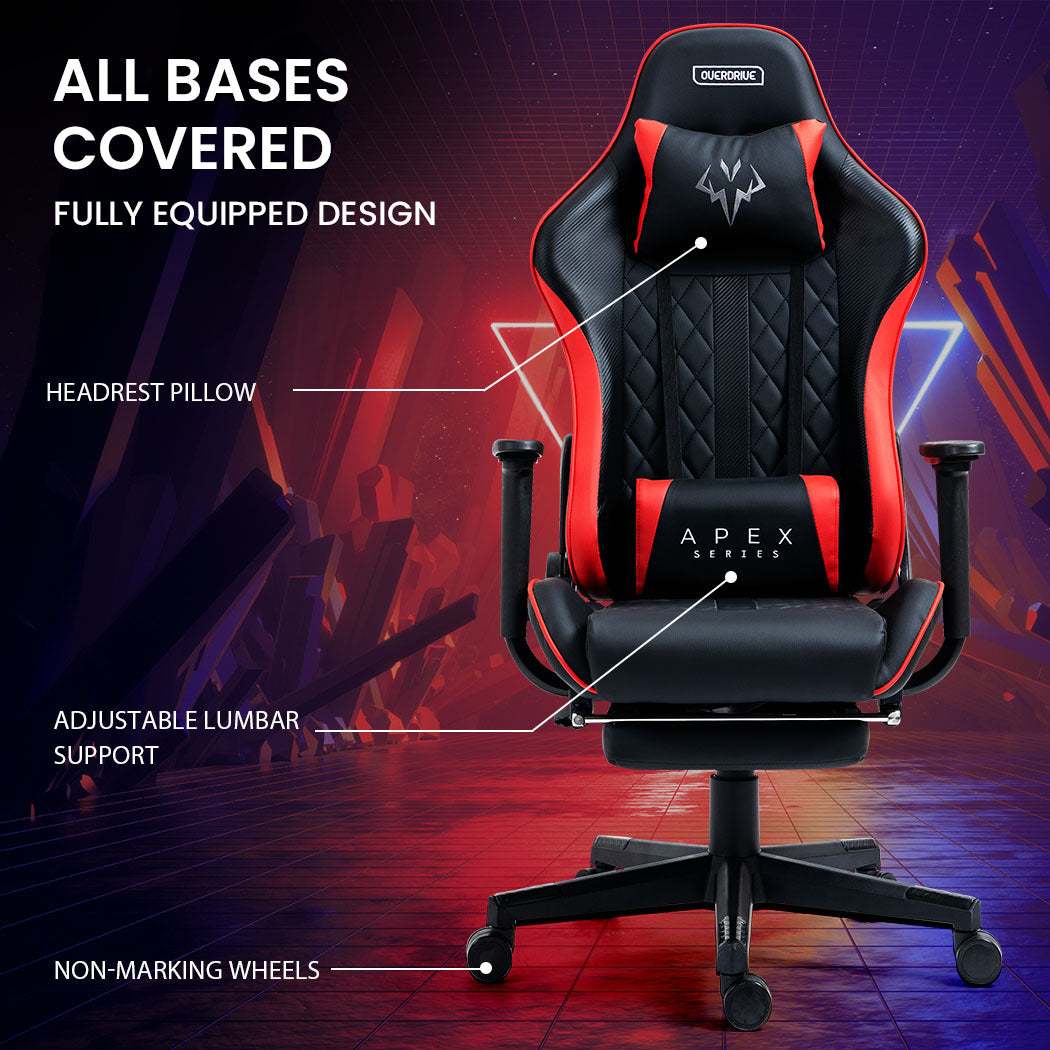 OVERDRIVE Apex Series Reclining Gaming Ergonomic Office Chair with Footrest, Black and Red