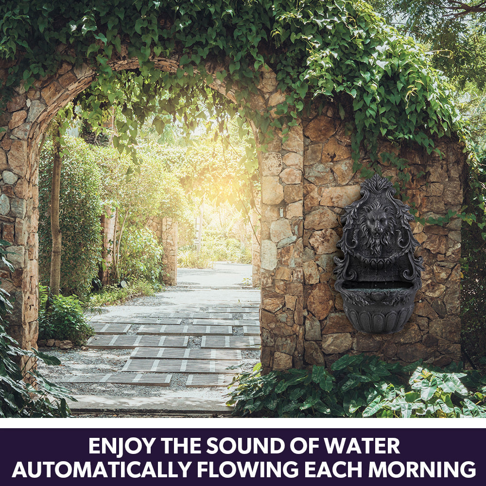 PROTEGE Lion Head Solar Powered Water Feature Fountain, Wall Mount or Freestanding with Lighting