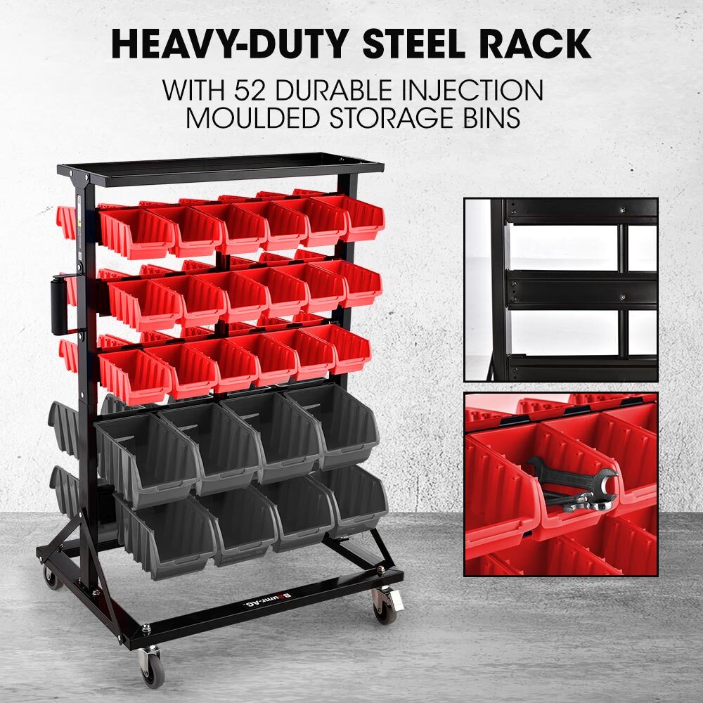 BAUMR-AG 52 Parts Bin Rack Storage System Mobile Double-Sided - Red