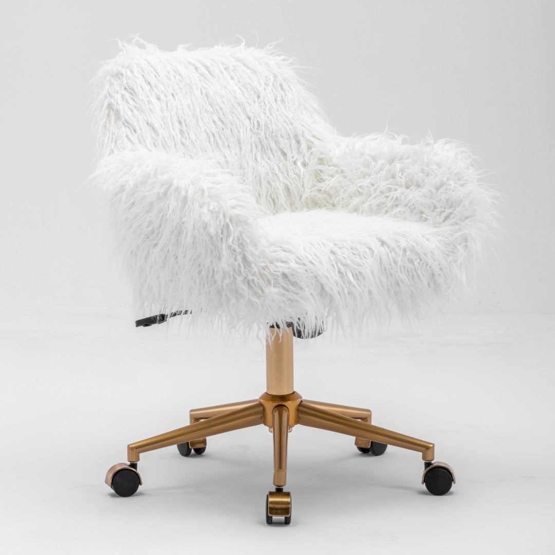 Fluffy Office Chair Faux Fur Modern Swivel Desk Chair for Women And Girls-White