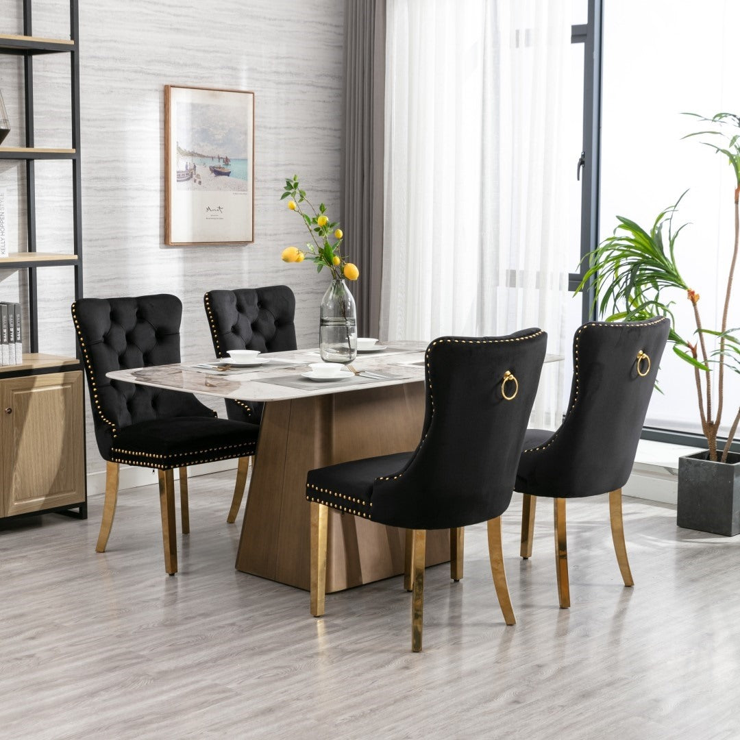 4x Velvet Dining Chairs with Golden Metal Legs-Black