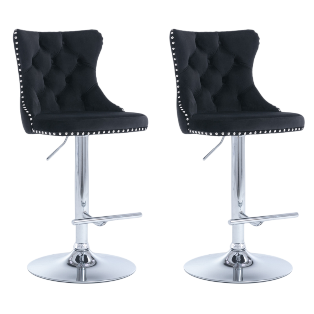 4x Height Adjustable Swivel Bar Stool Velvet Studs Barstool with Footrest and Chromed Base- Black