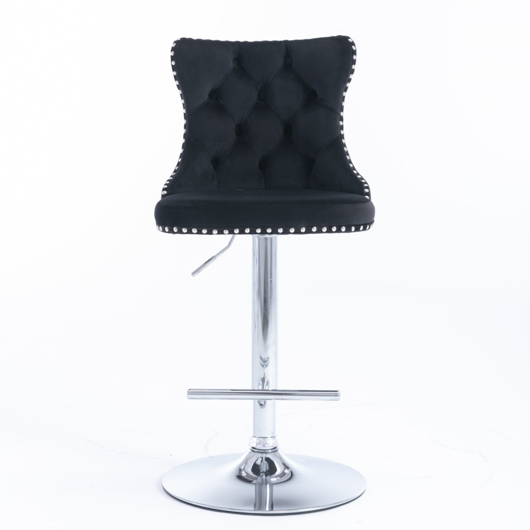 4x Height Adjustable Swivel Bar Stool Velvet Studs Barstool with Footrest and Chromed Base- Black