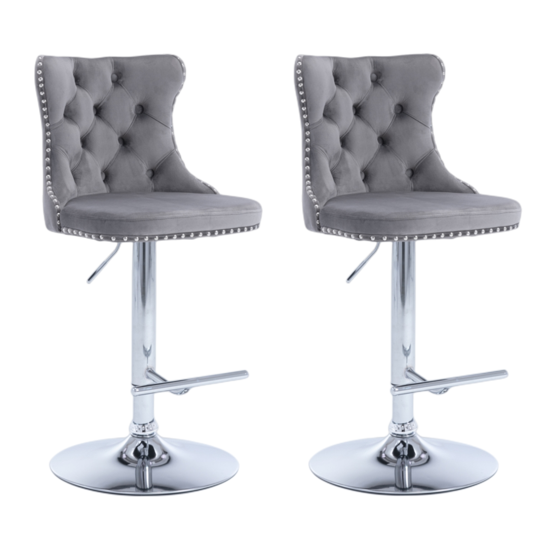 4x Height Adjustable Swivel Bar Stool Velvet Stud Barstool with Footrest and Chromed Base- Gray