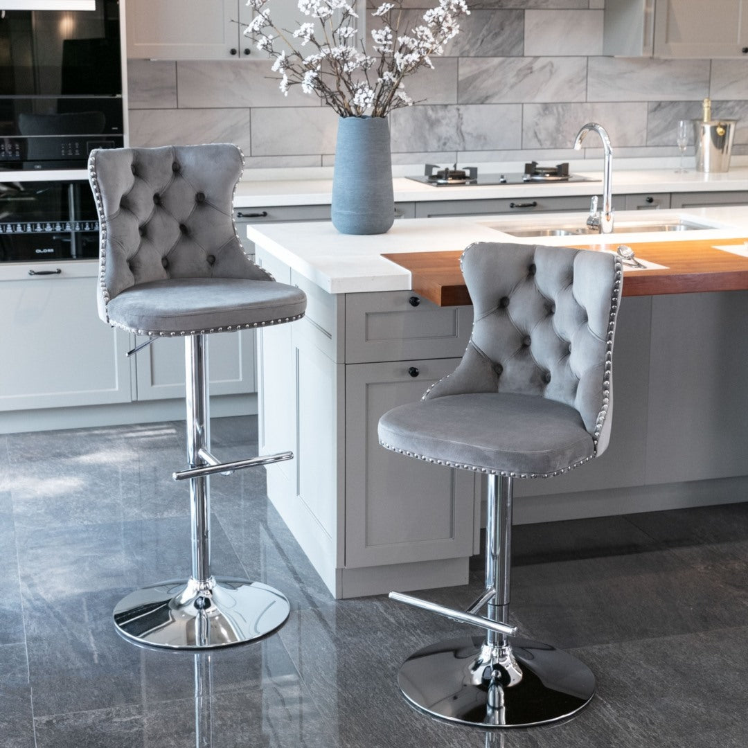 4x Height Adjustable Swivel Bar Stool Velvet Stud Barstool with Footrest and Chromed Base- Gray