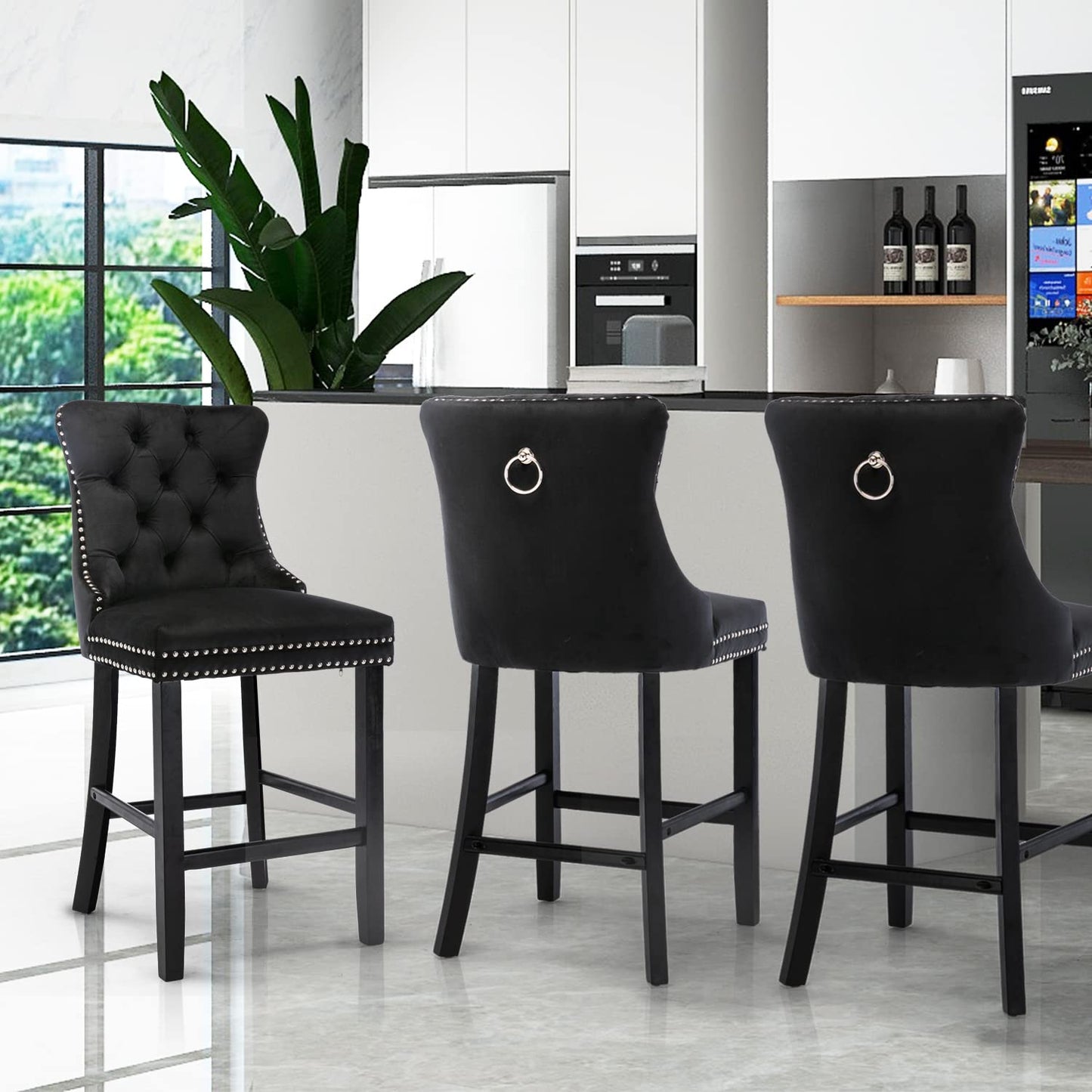 4X Velvet Bar Stools with Studs Trim Wooden Legs Tufted Dining Chairs Kitchen