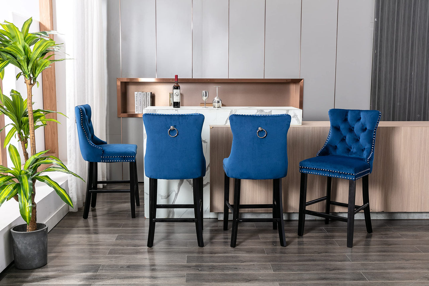 4X Velvet Bar Stools with Studs Trim Wooden Legs Tufted Dining Chairs Kitchen