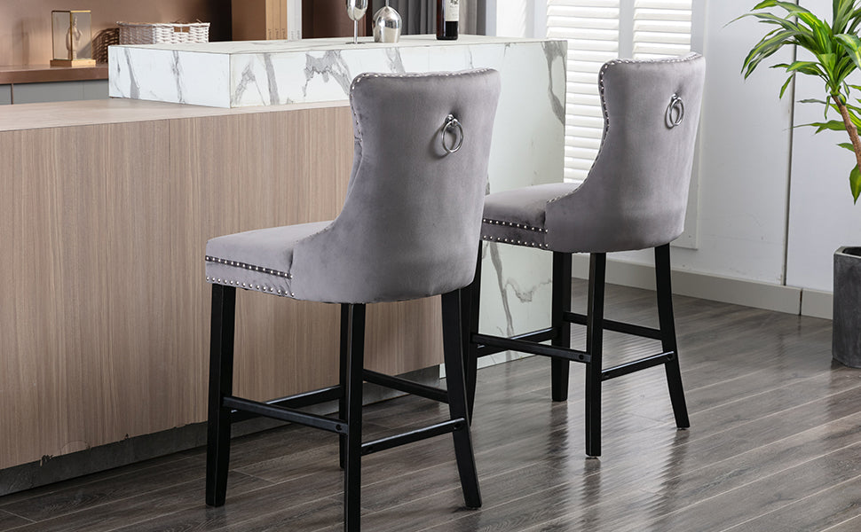 4X Velvet Bar Stools with Studs Trim Wooden Legs Tufted Dining Chairs Kitchen