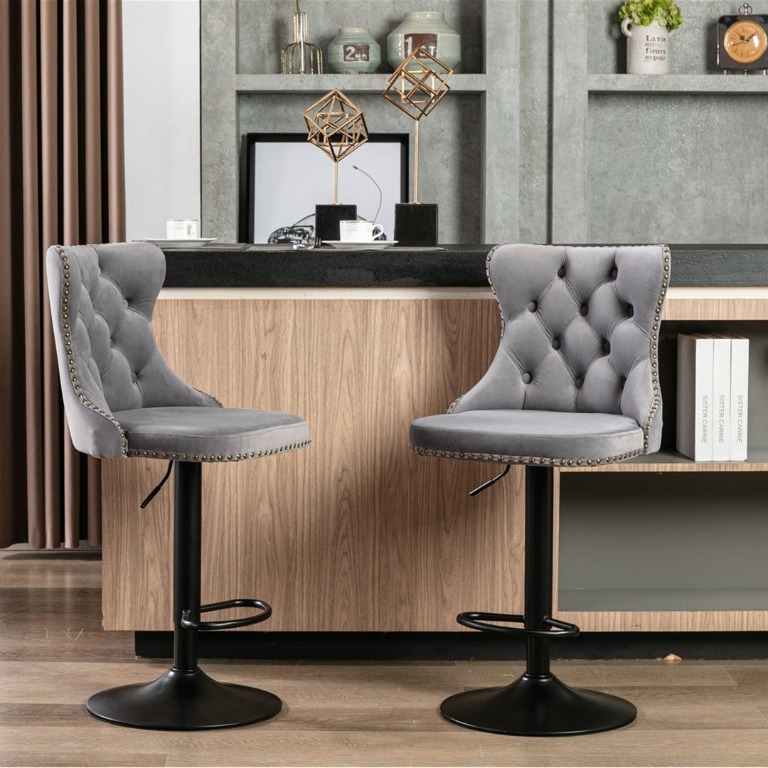 4x Height Adjustable Swivel Bar Stool Velvet Nailhead Barstool with Footrest