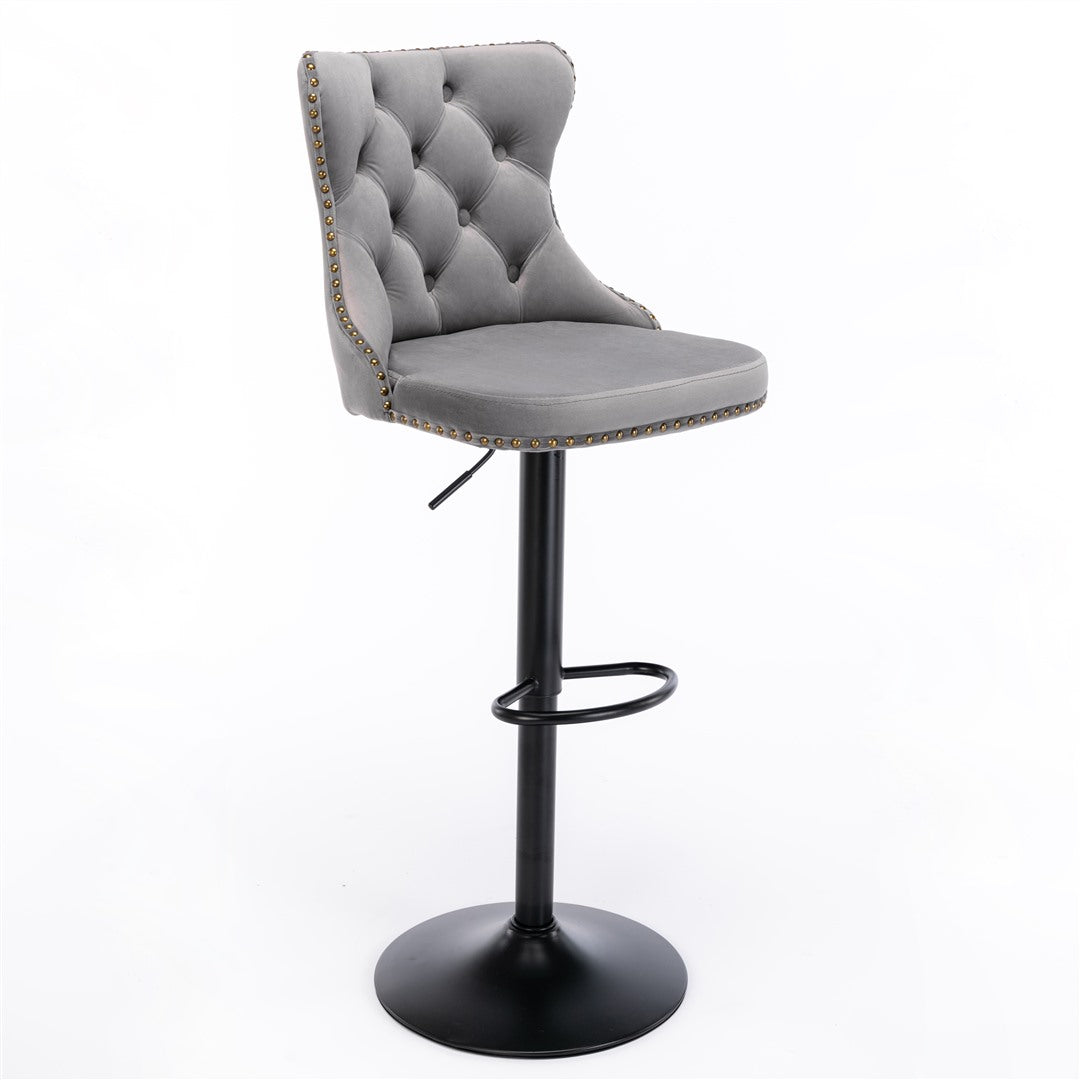 4x Height Adjustable Swivel Bar Stool Velvet Nailhead Barstool with Footrest