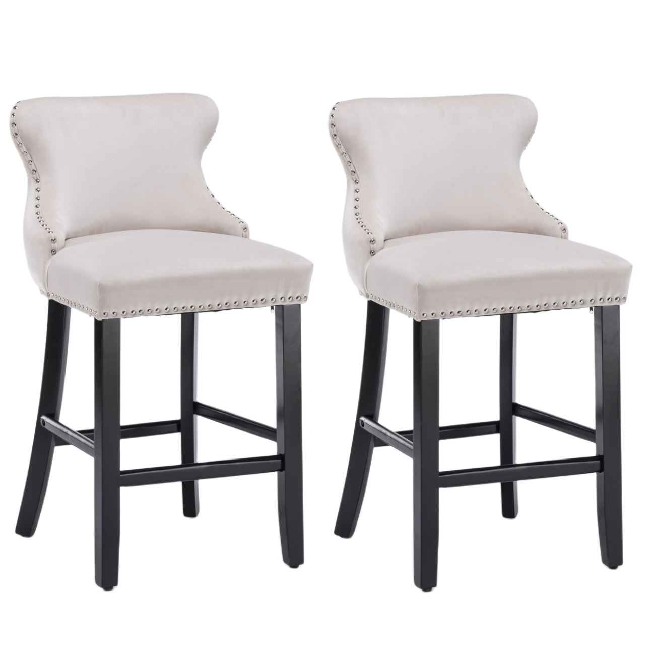 2x Velvet Upholstered Button Tufted Bar Stools with Wood Legs and Studs-Beige