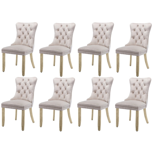 8x Velvet Dining Chairs Upholstered Tufted Kithcen Chair with Solid Wood Legs Stud Trim and Ring-Beige