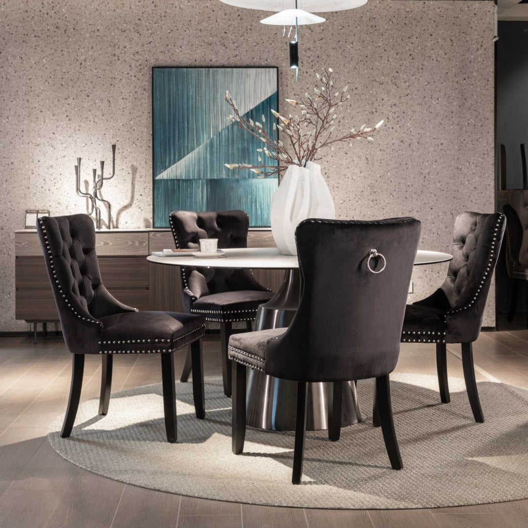 8x Velvet Dining Chairs Upholstered Tufted Kithcen Chair with Solid Wood Legs Stud Trim and Ring-Black