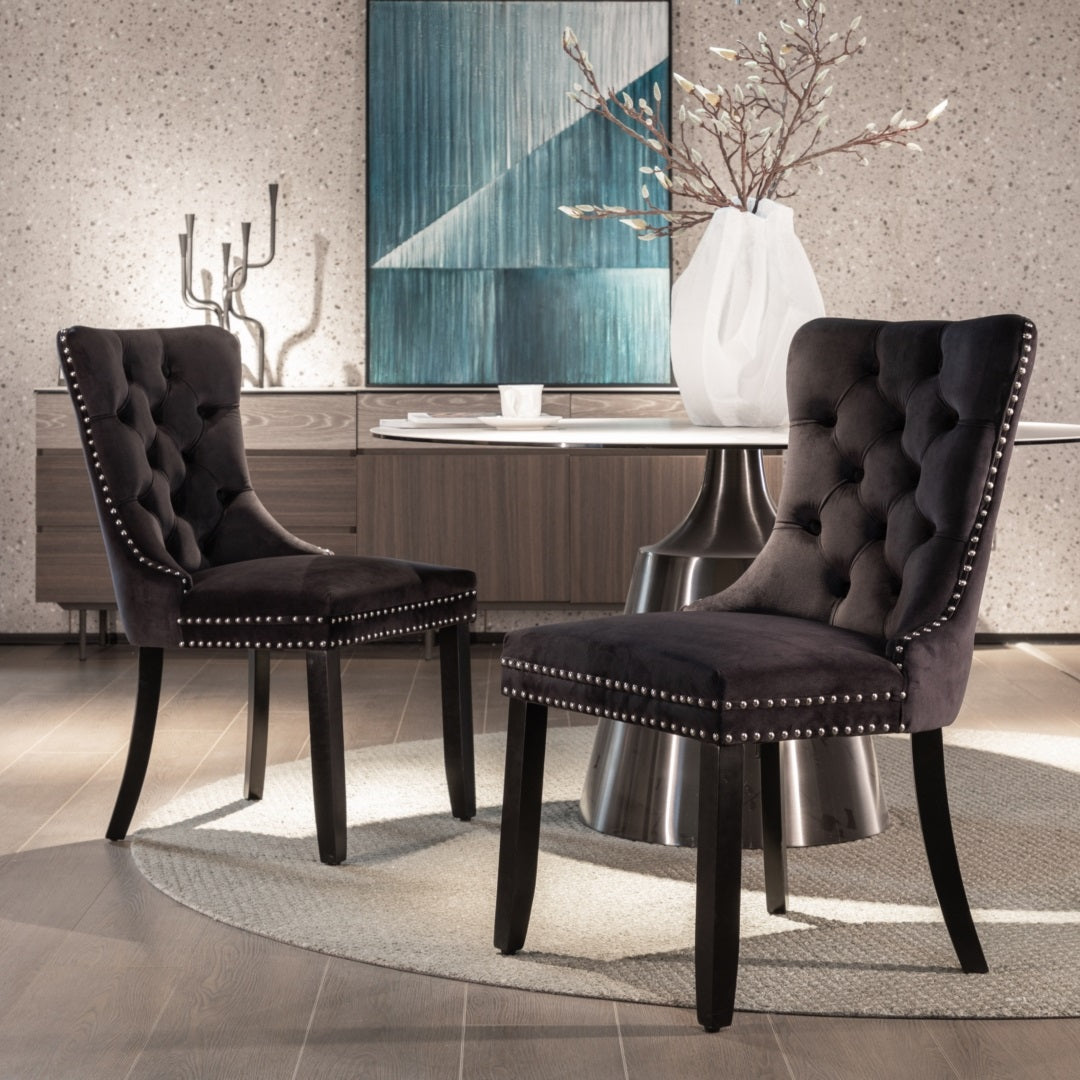 8x Velvet Dining Chairs Upholstered Tufted Kithcen Chair with Solid Wood Legs Stud Trim and Ring-Black