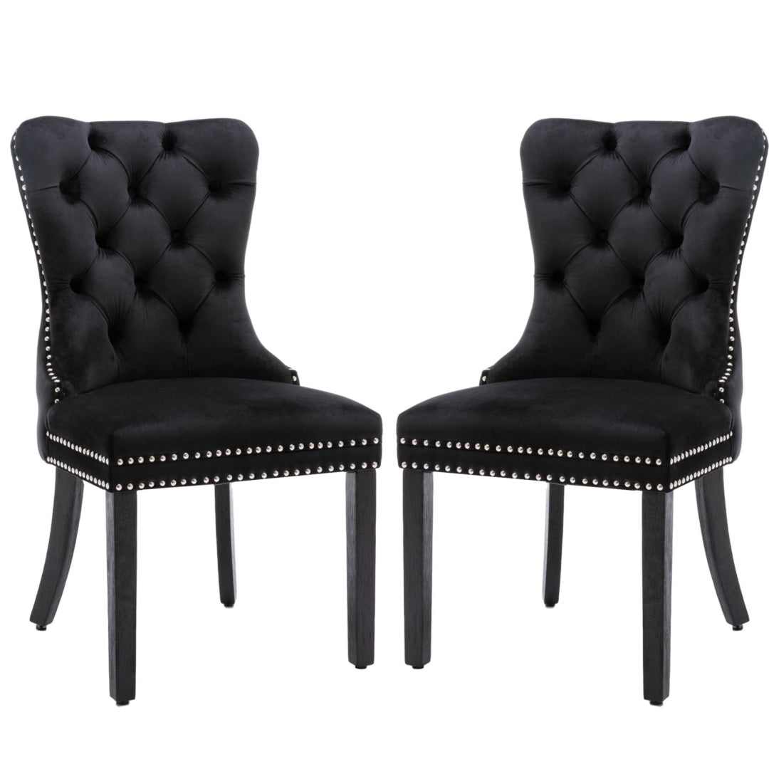 4x Velvet Dining Chairs Upholstered Tufted Kithcen Chair with Solid Wood Legs Stud Trim and Ring-Black