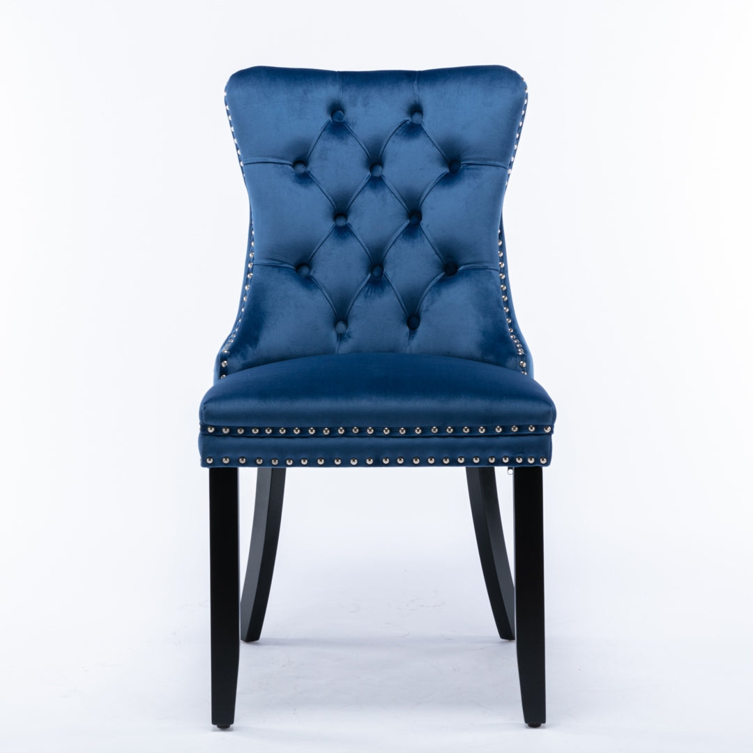 4x Velvet Dining Chairs Upholstered Tufted Kithcen Chair with Solid Wood Legs Stud Trim and Ring-Blue