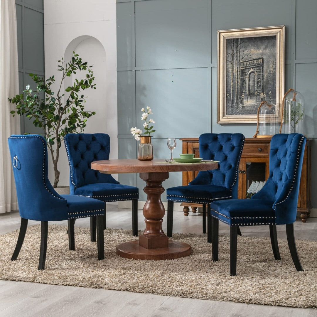 6x Velvet Dining Chairs Upholstered Tufted Kithcen Chair with Solid Wood Legs Stud Trim and Ring-Blue