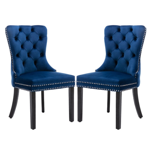 4x Velvet Dining Chairs Upholstered Tufted Kithcen Chair with Solid Wood Legs Stud Trim and Ring-Blue