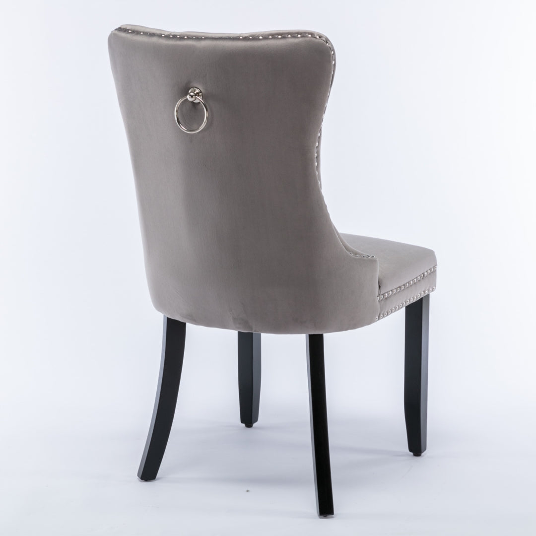 6x Velvet Dining Chairs Upholstered Tufted Kithcen Chair with Solid Wood Legs Stud Trim and Ring-Gray