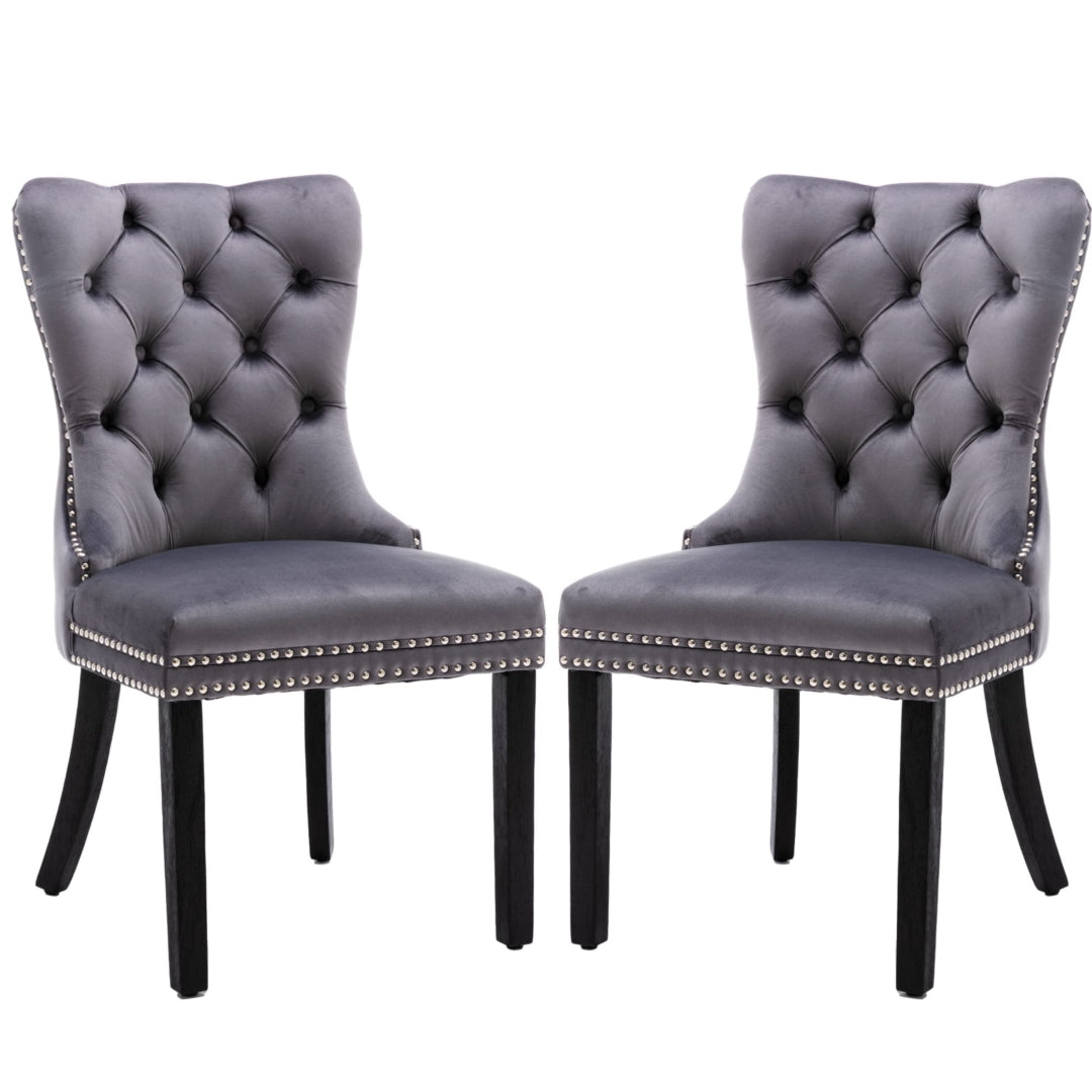 8x Velvet Dining Chairs Upholstered Tufted Kithcen Chair with Solid Wood Legs Stud Trim and Ring-Gray