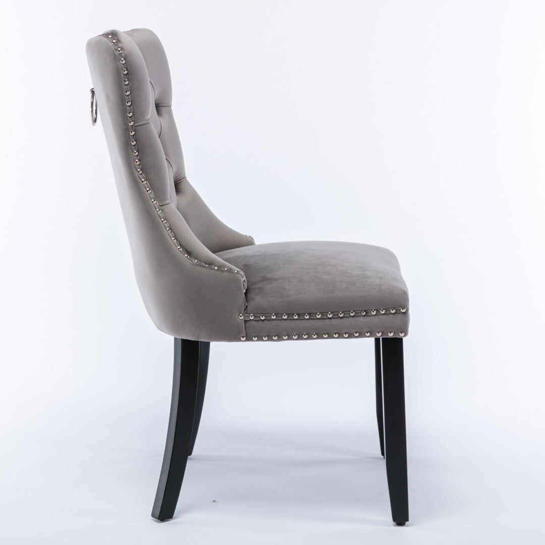 4x Velvet Dining Chairs Upholstered Tufted Kithcen Chair with Solid Wood Legs Stud Trim and Ring-Gray