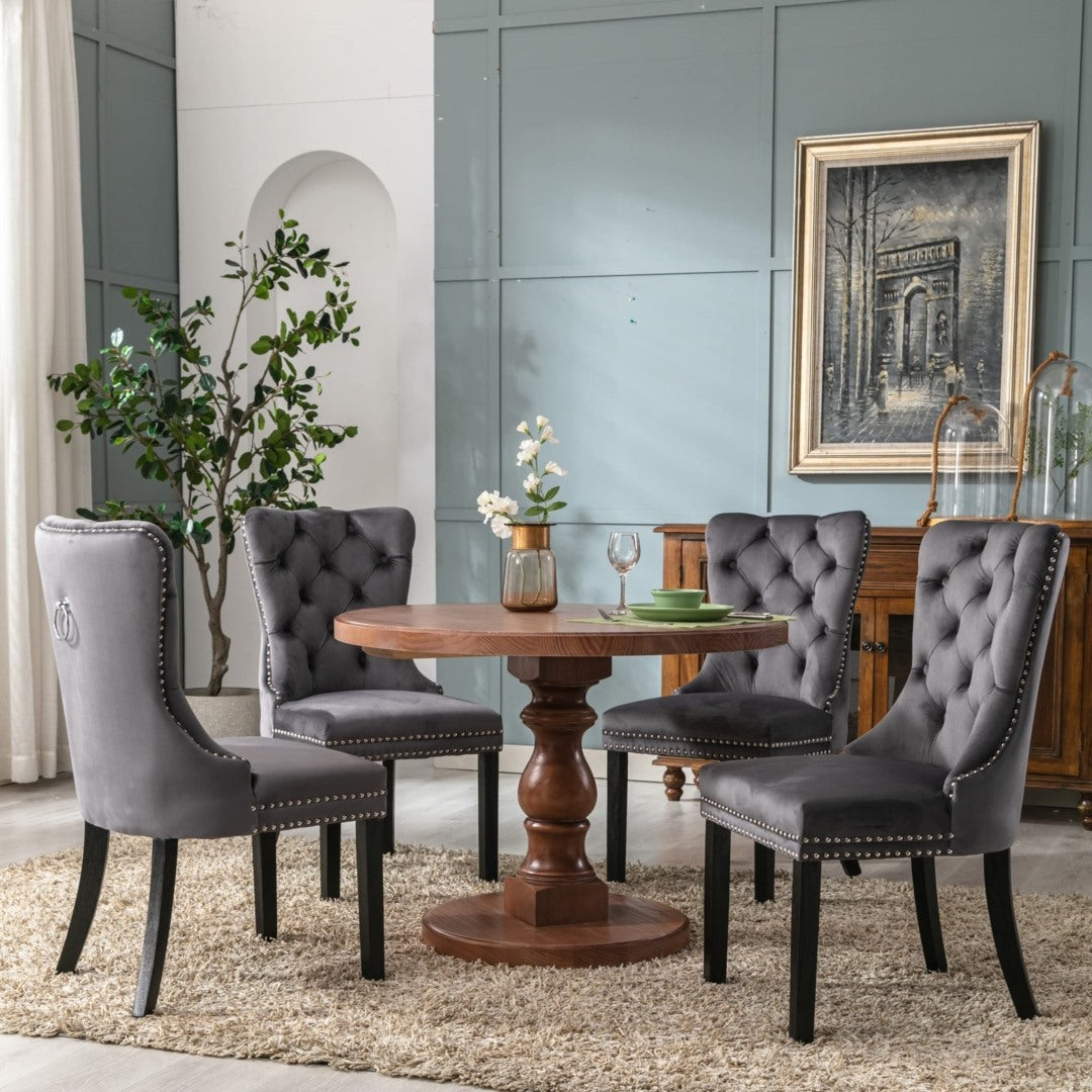 4x Velvet Dining Chairs Upholstered Tufted Kithcen Chair with Solid Wood Legs Stud Trim and Ring-Gray