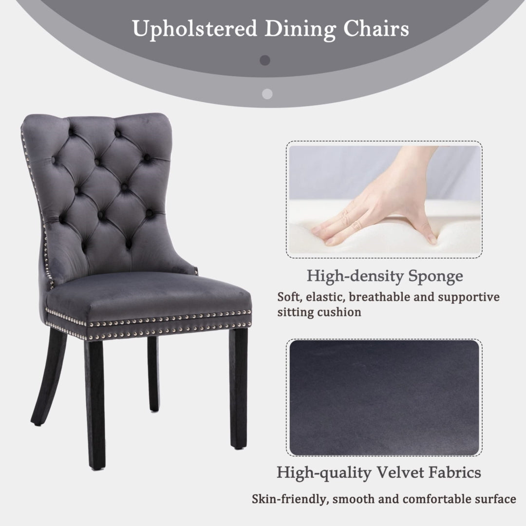 6x Velvet Dining Chairs Upholstered Tufted Kithcen Chair with Solid Wood Legs Stud Trim and Ring-Gray