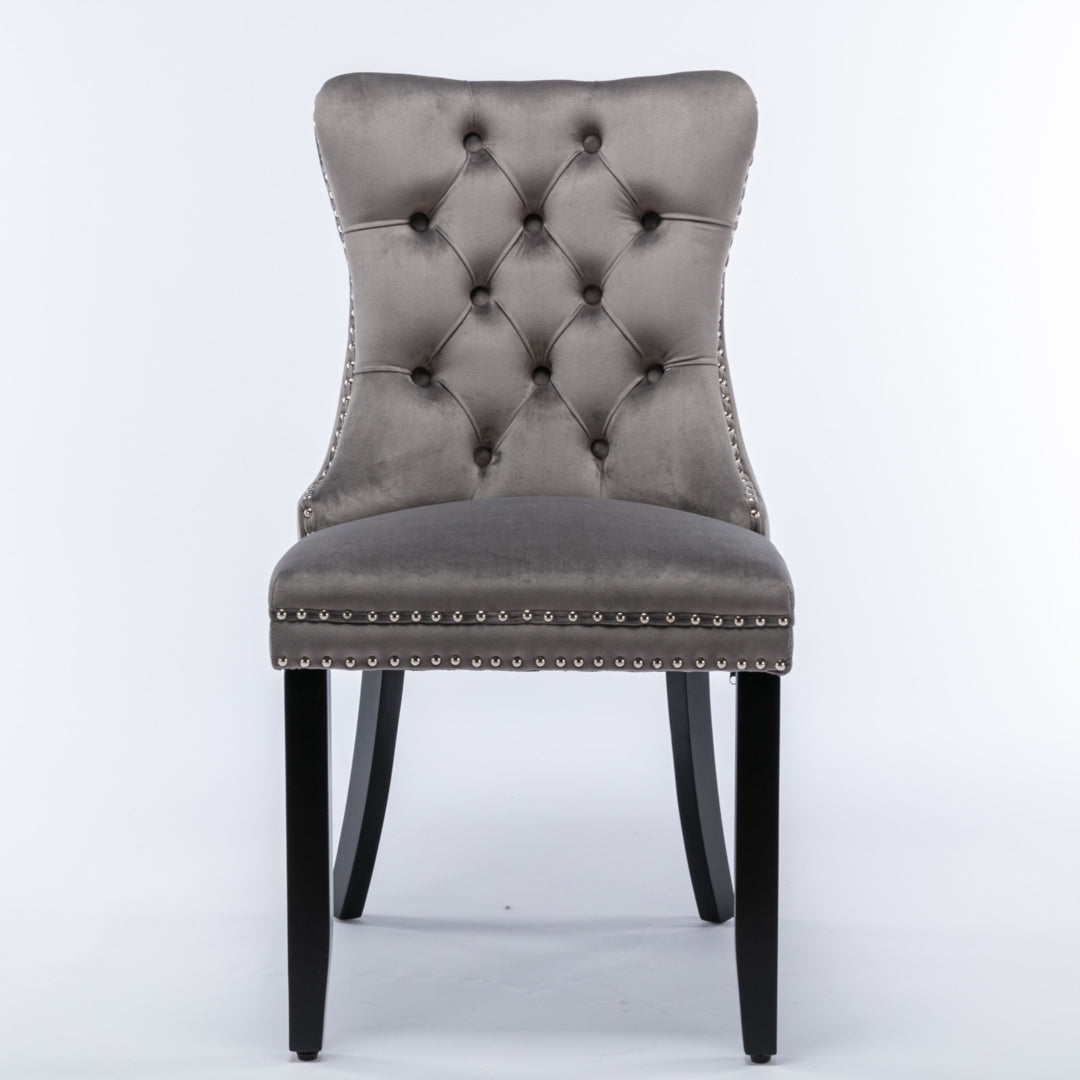 8x Velvet Dining Chairs Upholstered Tufted Kithcen Chair with Solid Wood Legs Stud Trim and Ring-Gray