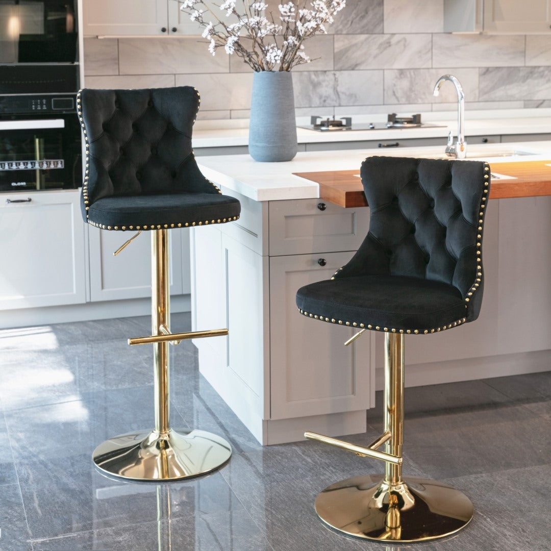 4x Height Adjustable Swivel Bar Stool Velvet Studs Barstool with Footrest and Golden Base- Black