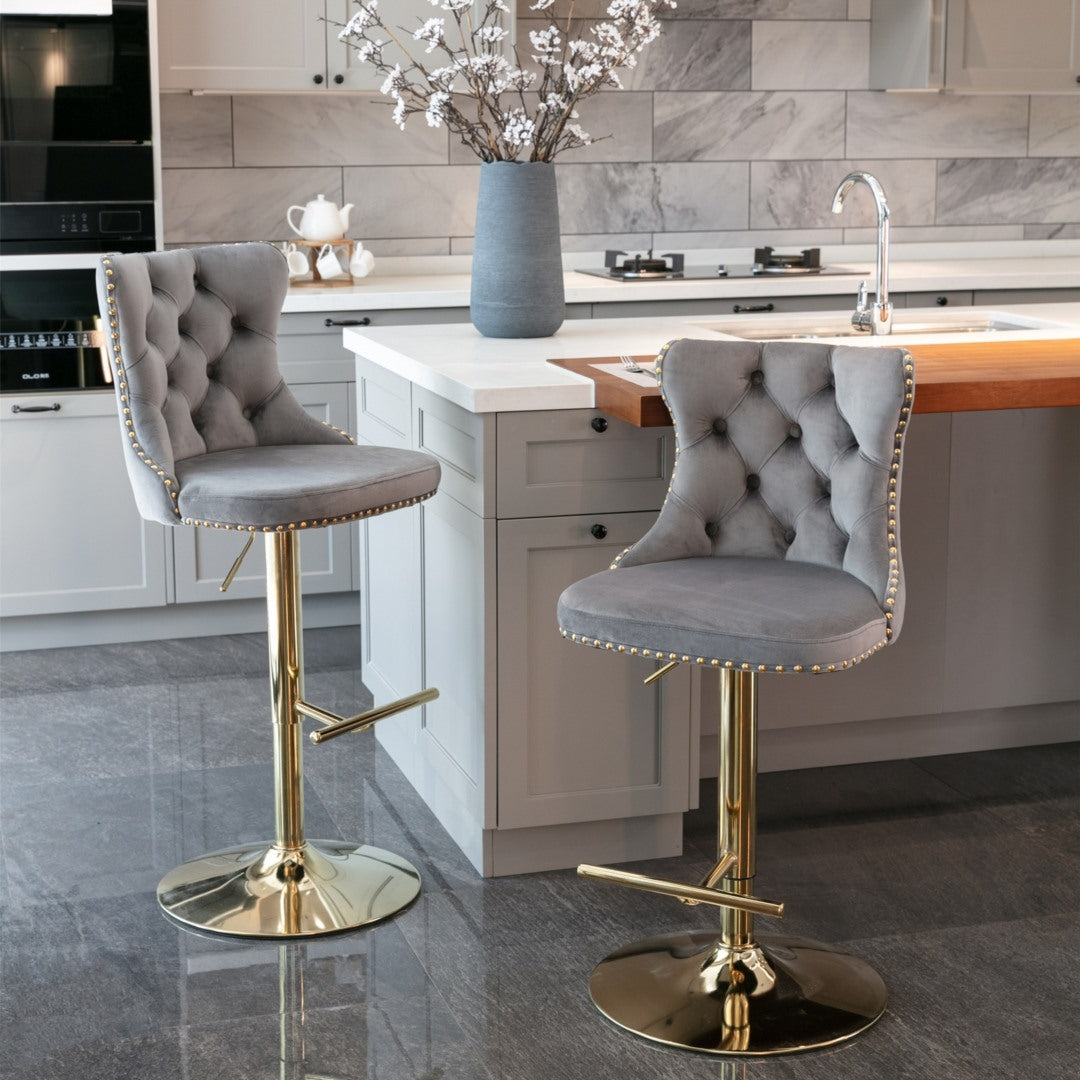 4x Height Adjustable Swivel Bar Stool Velvet Studs Barstool with Footrest and Golden Base- Grey