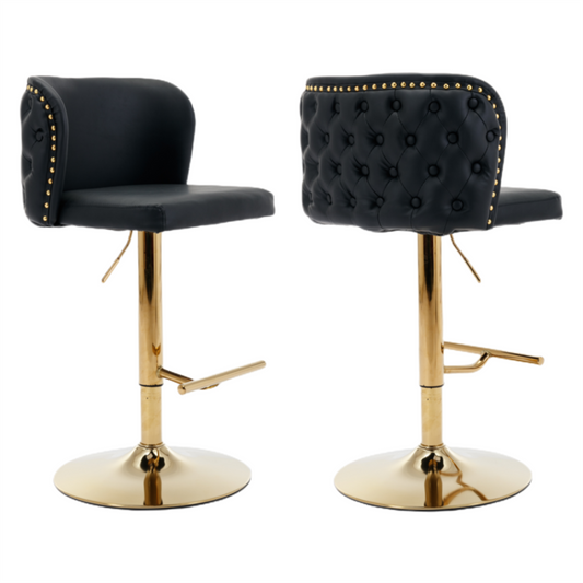 2x Faux Leather Golden Base Swivel Bar Stools- Black