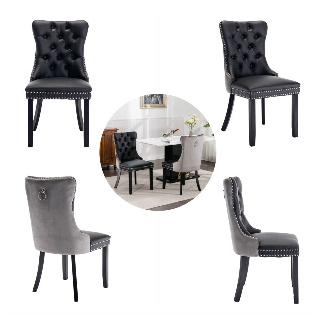 2x PU Faux Leather & Velvet Dining Chairs-Black & Grey