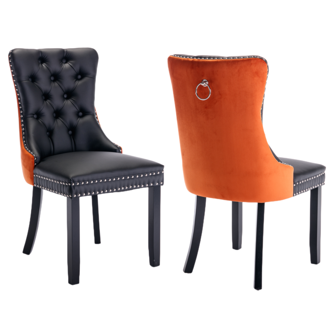 2x PU Faux Leather & Velvet Dining Chairs-Black & Orange