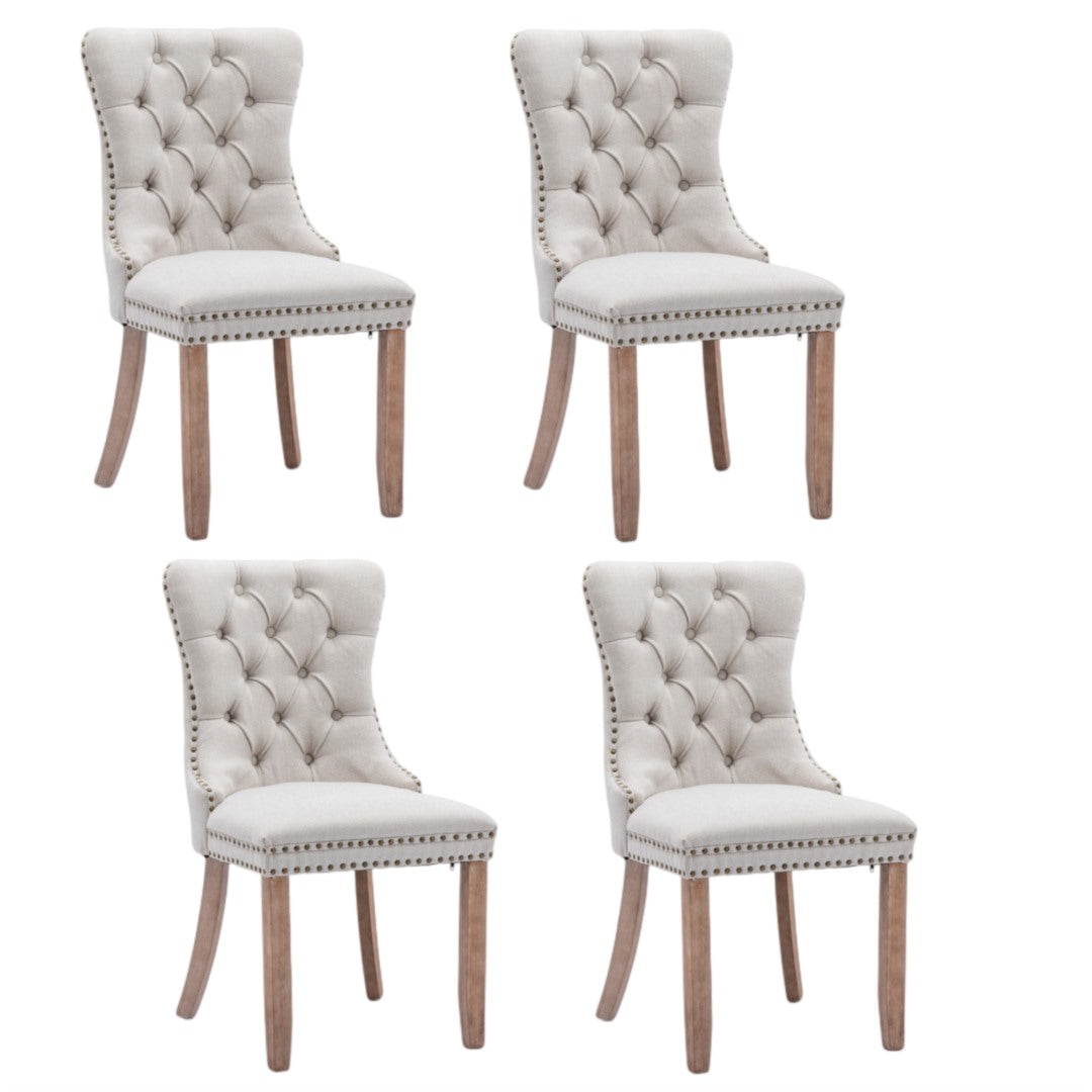 4x AADEN Modern Elegant Button-Tufted Upholstered Linen Fabric with Studs Trim and Wooden legs Dining Side Chair-Beige