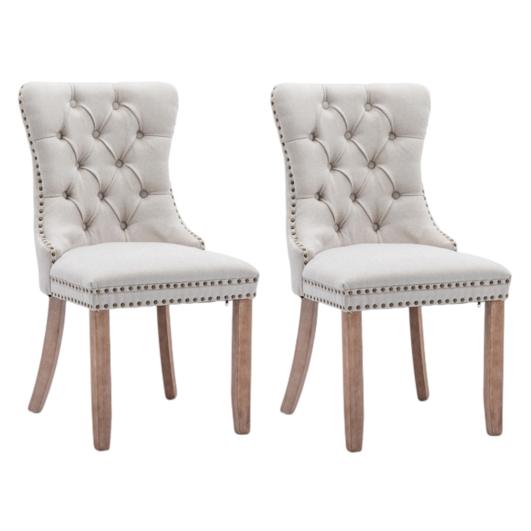 4x AADEN Modern Elegant Button-Tufted Upholstered Linen Fabric with Studs Trim and Wooden legs Dining Side Chair-Beige