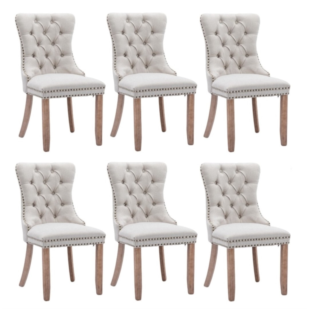 6x AADEN Modern Elegant Button-Tufted Upholstered Linen Fabric with Studs Trim and Wooden legs Dining Side Chair-Beige